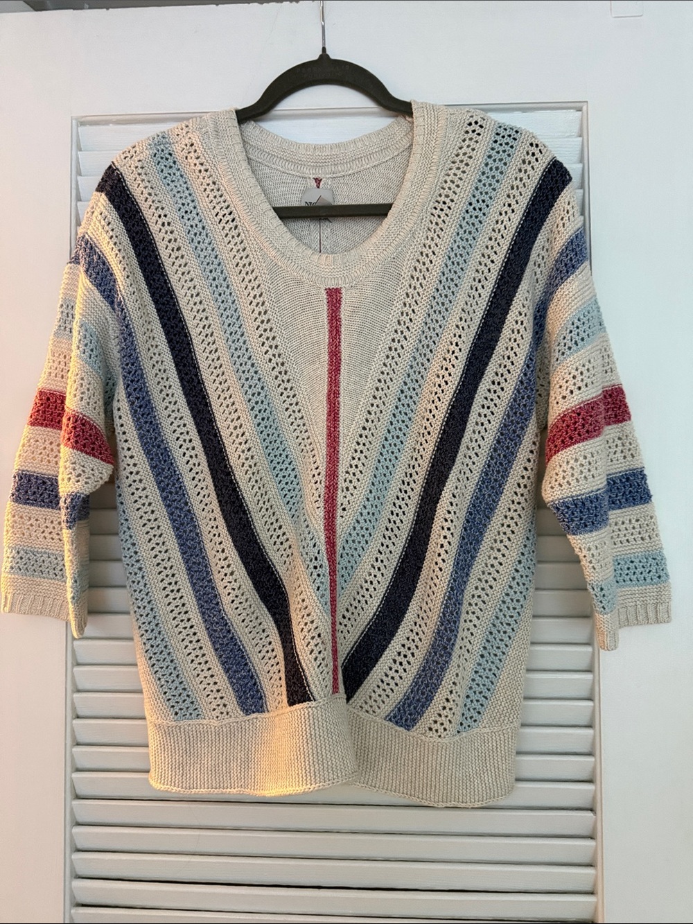 NIC+ZOE Cream Open-Knit Sweater with Blues and muted Red Stripes